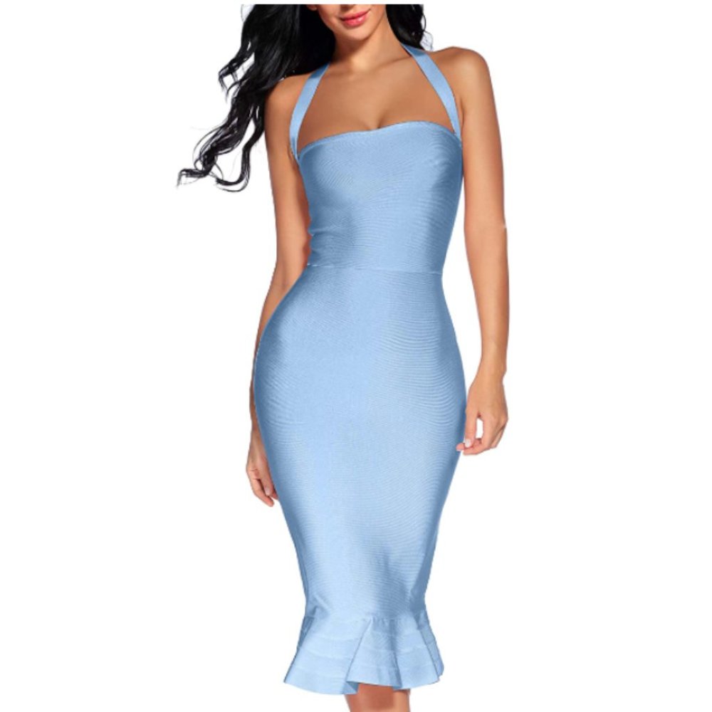 houstil V Neck Halter Fishtail Bandage Bodycon Dress Party - Ice Light Blue